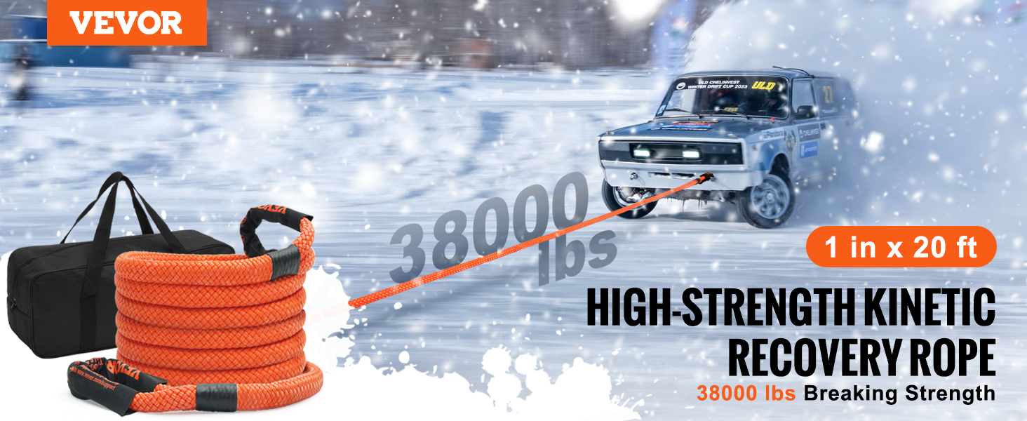 VEVOR kinetic recovery tow rope, 1 in x 20 ft, 38000 lbs breaking strength, with storage bag in snow.