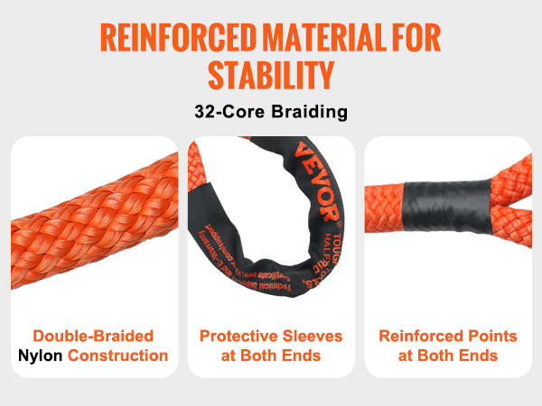 VEVOR kinetic recovery tow rope with double-braided nylon construction, protective sleeves, and reinforced points.