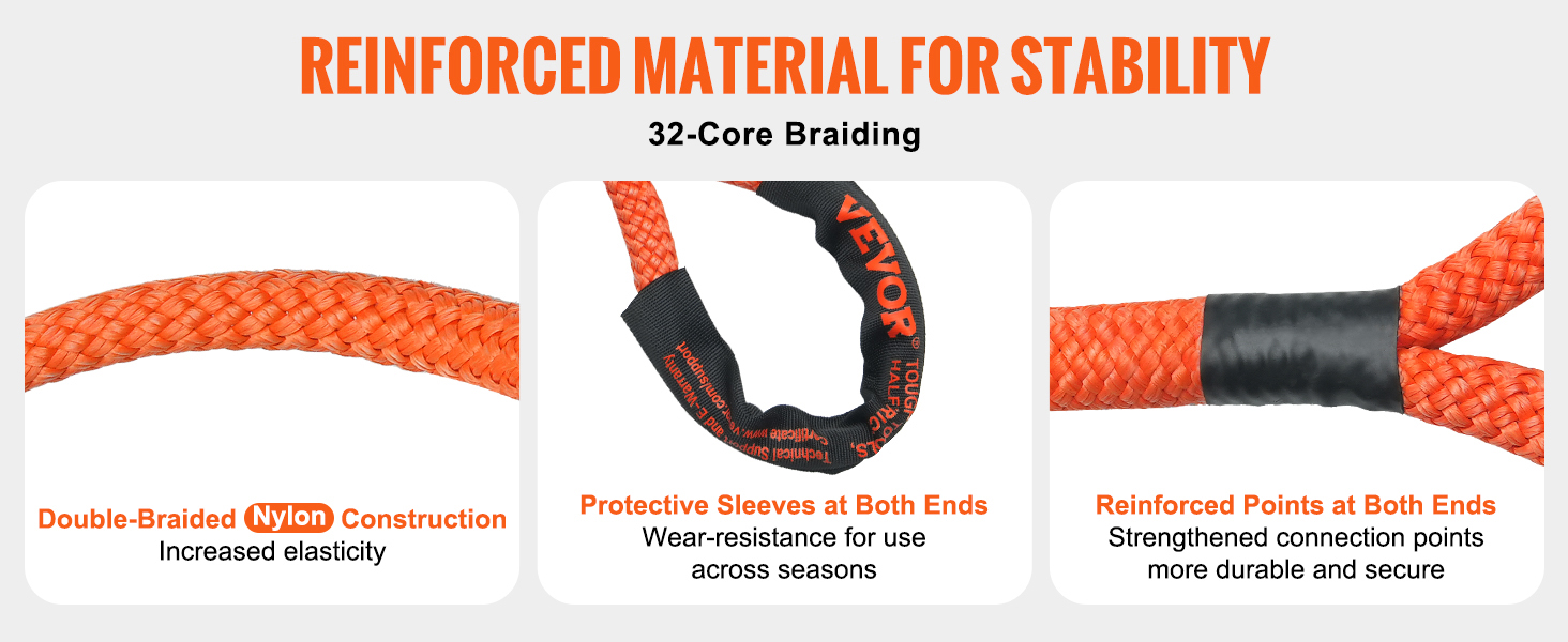VEVOR kinetic recovery tow rope with double-braided nylon construction, protective sleeves, and reinforced points.