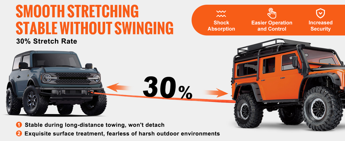 smooth stretching VEVOR kinetic recovery tow rope with 30% stretch rate between two 4x4 vehicles.