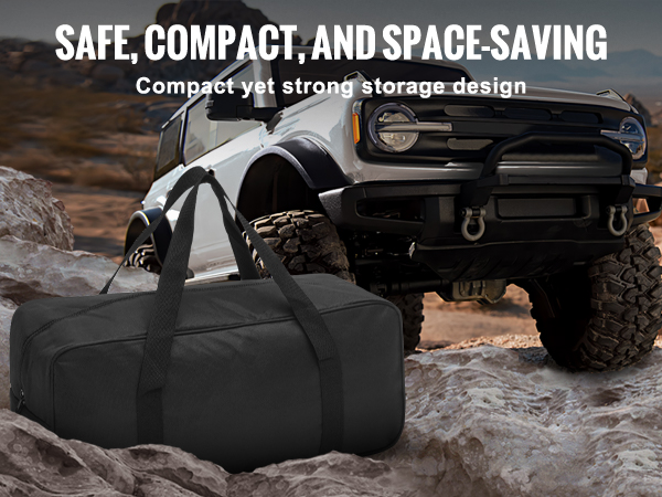 VEVOR kinetic recovery tow rope bag on rocks with off-road vehicle, promoting safety and compact storage.