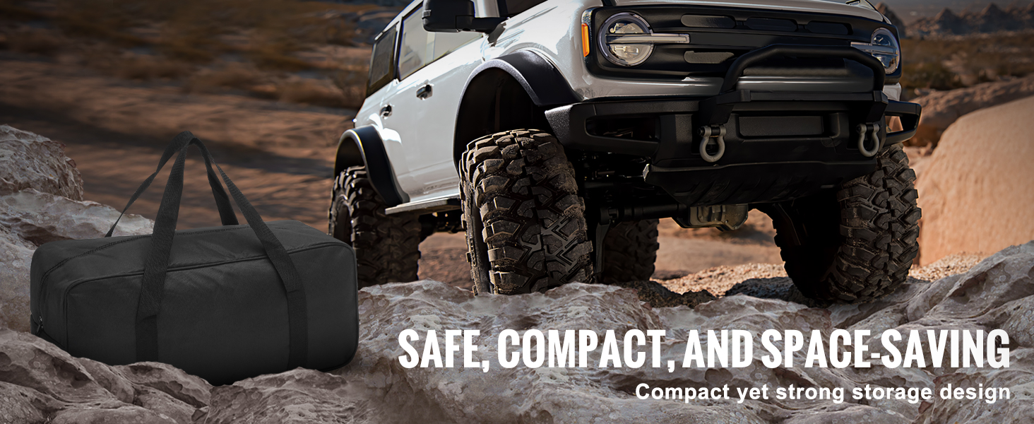 VEVOR kinetic recovery tow rope bag on rocks with off-road vehicle, promoting safety and compact storage.