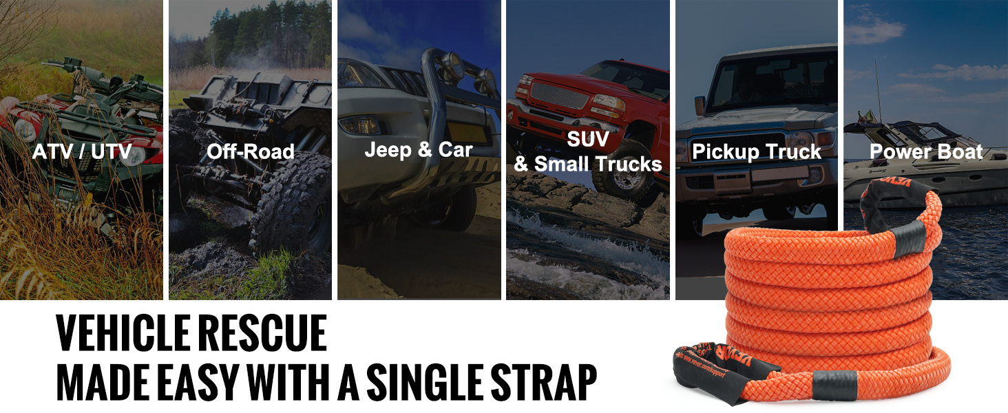 VEVOR kinetic recovery tow rope for atv, utv, suv, cars, trucks, power boats; vehicle rescue made easy.