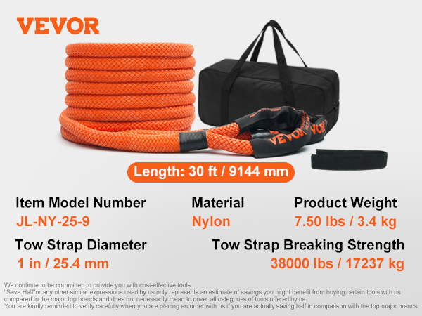 VEVOR kinetic recovery rope 30 ft, 38000 lbs capacity, 1 in diameter, comes with black bag and accessories.
