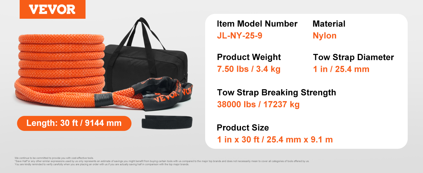 VEVOR kinetic recovery rope 30 ft, 38000 lbs capacity, 1 in diameter, comes with black bag and accessories.