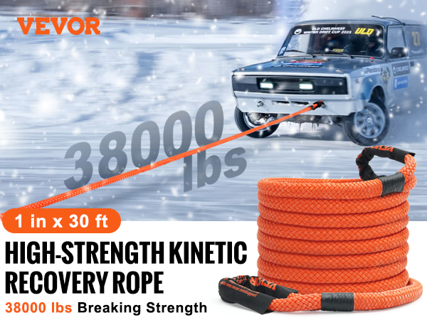 VEVOR kinetic recovery rope with 38000 lbs strength, orange rope towing vehicle in snowy conditions.