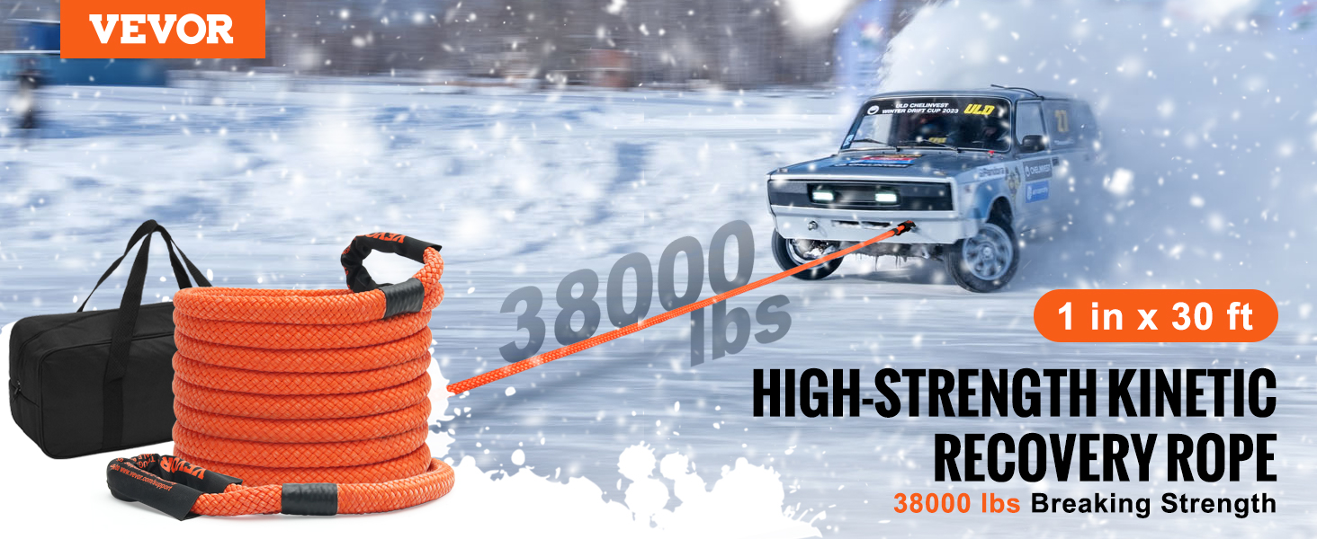 VEVOR kinetic recovery rope with 38000 lbs strength, orange rope towing vehicle in snowy conditions.