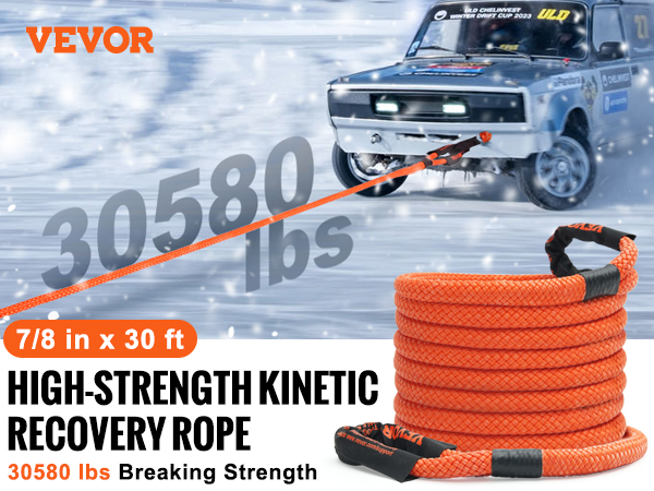VEVOR kinetic recovery tow rope, 7/8 in x 30 ft, 30,580 lbs breaking strength, with a black carrying bag.