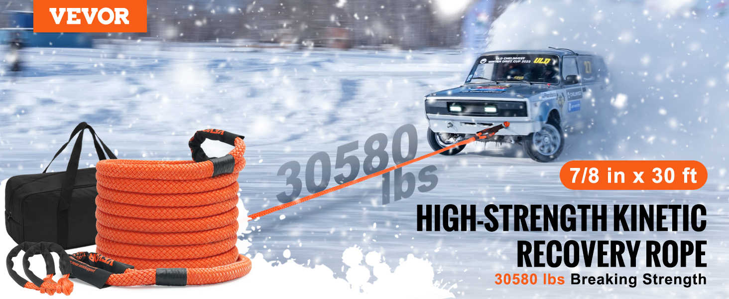 VEVOR kinetic recovery tow rope, 7/8 in x 30 ft, 30,580 lbs breaking strength, with a black carrying bag.