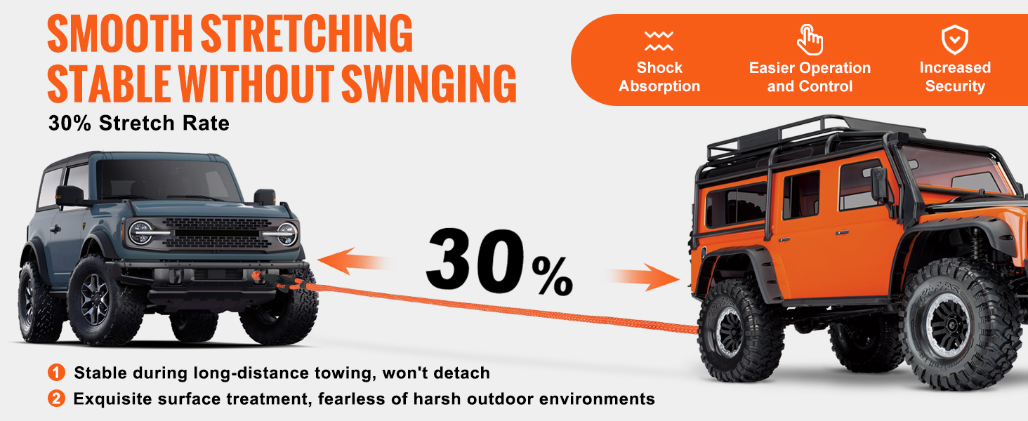 VEVOR kinetic recovery tow rope promoting smooth stretching and stability for safe off-road towing.