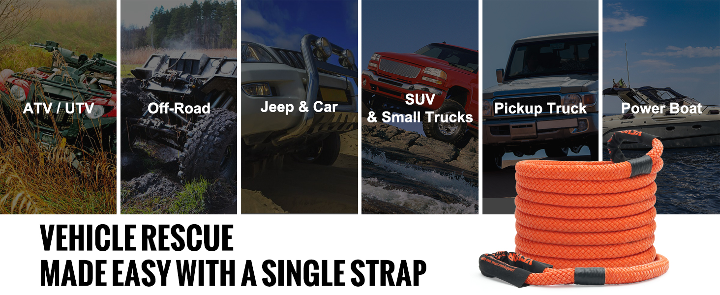 VEVOR kinetic recovery tow rope for atv, utv, off-road, jeep, suv, pickup, and power boat rescue.