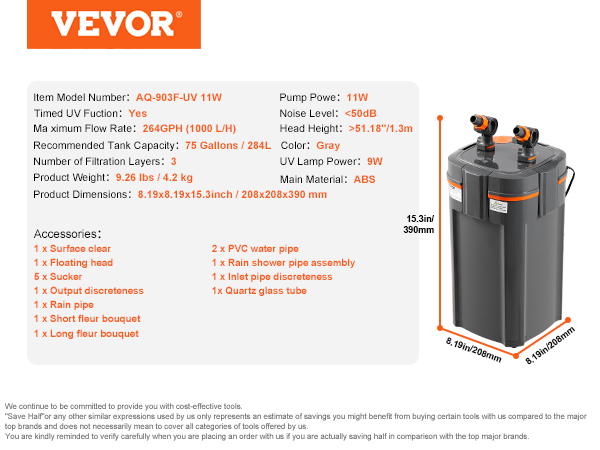 VEVOR aquarium filter aq-903f-uv 11w, 264gph flow rate, 75 gallons, 3 layers, gray abs material.