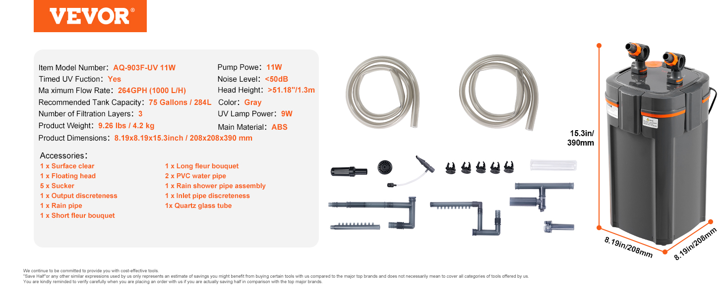 VEVOR aquarium filter aq-903f-uv 11w, 264gph flow rate, 75 gallons, 3 layers, gray abs material.
