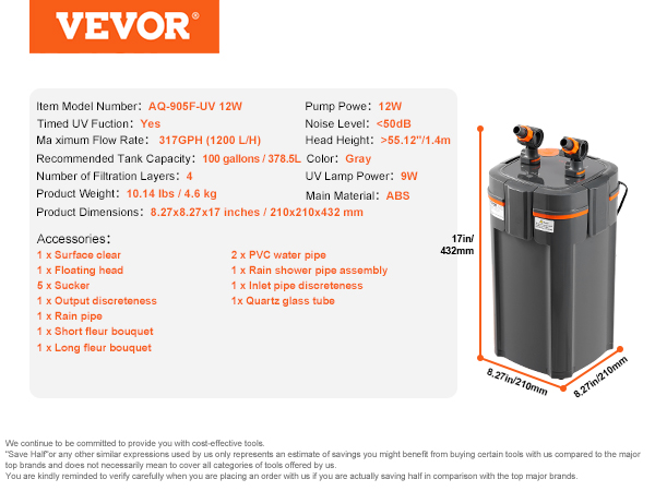 VEVOR aquarium filter specifications and parts, including hoses, accessories, and filtration unit dimensions.