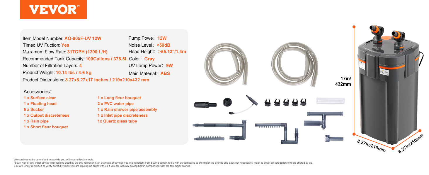 VEVOR aquarium filter specifications and parts, including hoses, accessories, and filtration unit dimensions.
