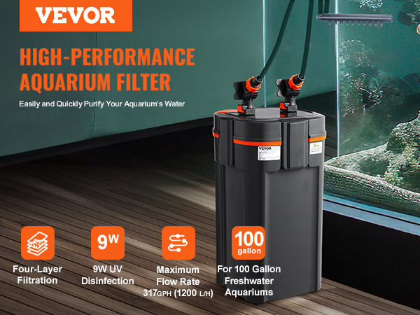 VEVOR aquarium filter with four-layer filtration and 9w uv for 100-gallon freshwater tanks.