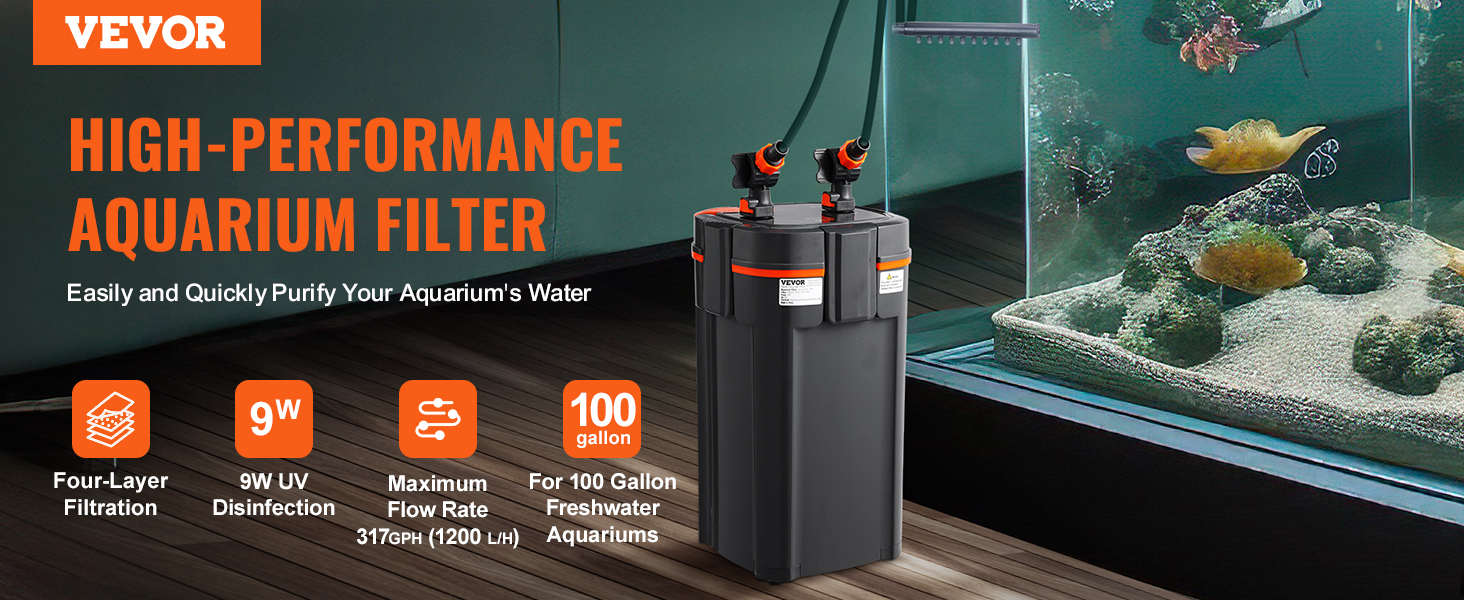VEVOR aquarium filter with four-layer filtration and 9w uv for 100-gallon freshwater tanks.
