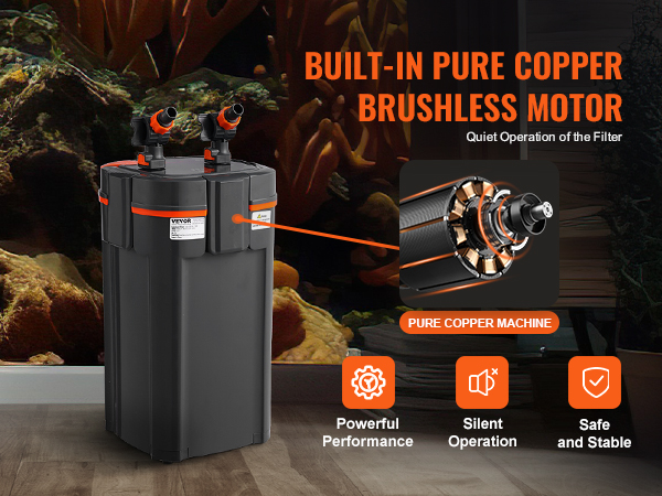 VEVOR aquarium filter with built-in pure copper brushless motor, showcasing powerful performance and silent operation.