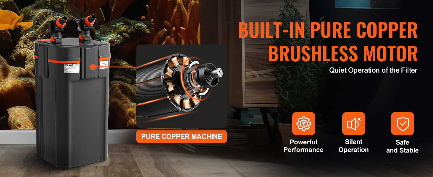 VEVOR aquarium filter with built-in pure copper brushless motor, showcasing powerful performance and silent operation.
