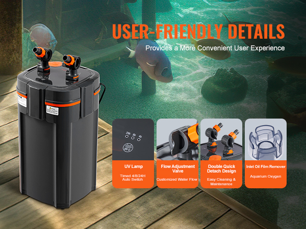 VEVOR aquarium filter with uv lamp, flow adjustment valve, quick detach design, and oil film remover