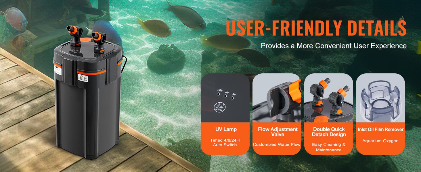 VEVOR aquarium filter with uv lamp, flow adjustment valve, quick detach design, and oil film remover