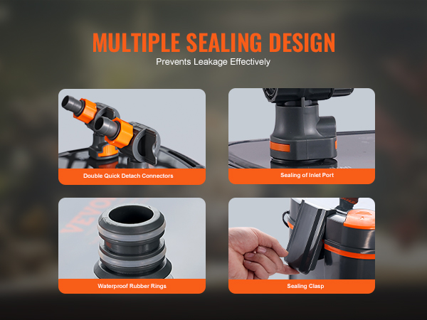multiple sealing design of VEVOR aquarium filter: quick detach connectors, rubber rings, inlet port sealing, clasp.