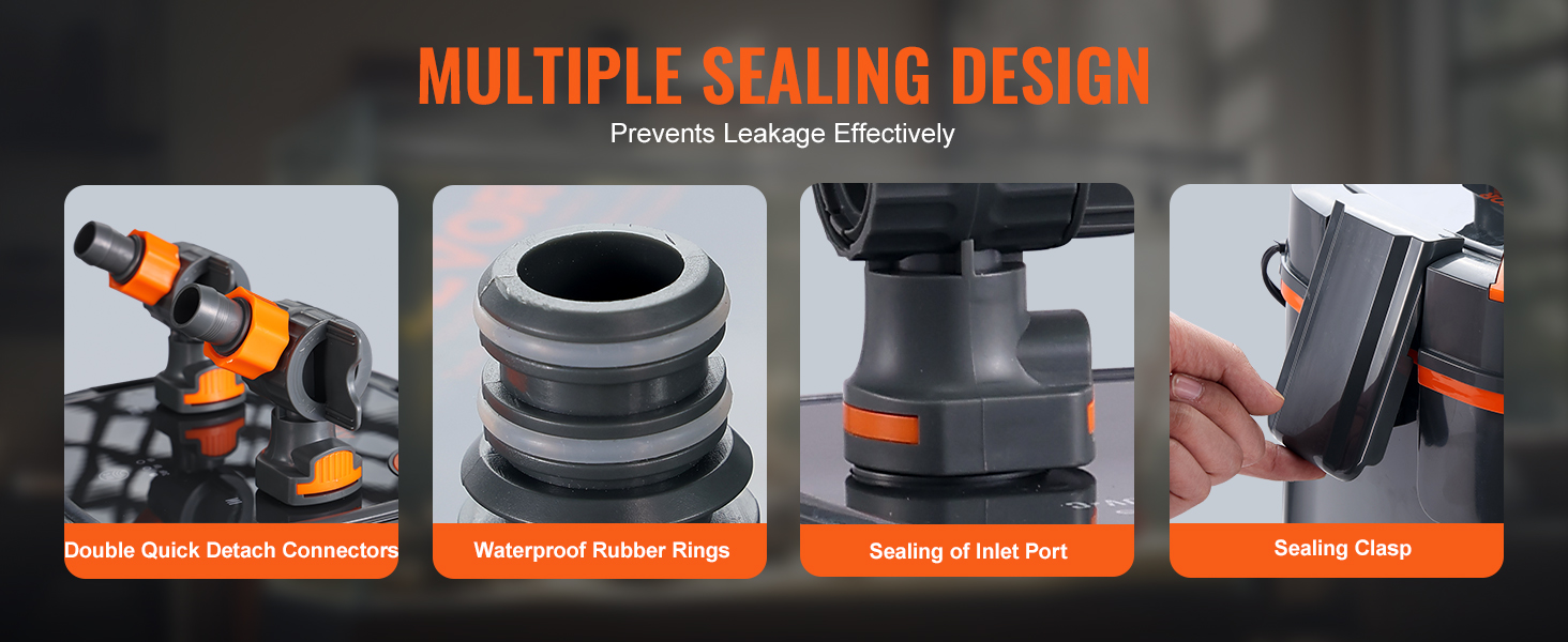 multiple sealing design of VEVOR aquarium filter: quick detach connectors, rubber rings, inlet port sealing, clasp.