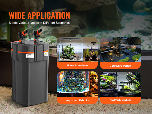 VEVOR aquarium filter with multiple uses: home aquariums, courtyard ponds, aquarium exhibits, bird/fish markets.