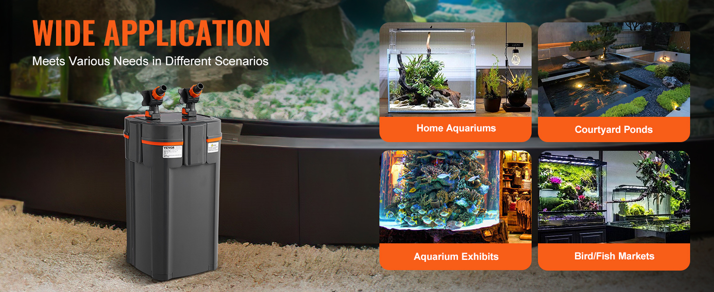 VEVOR aquarium filter with multiple uses: home aquariums, courtyard ponds, aquarium exhibits, bird/fish markets.