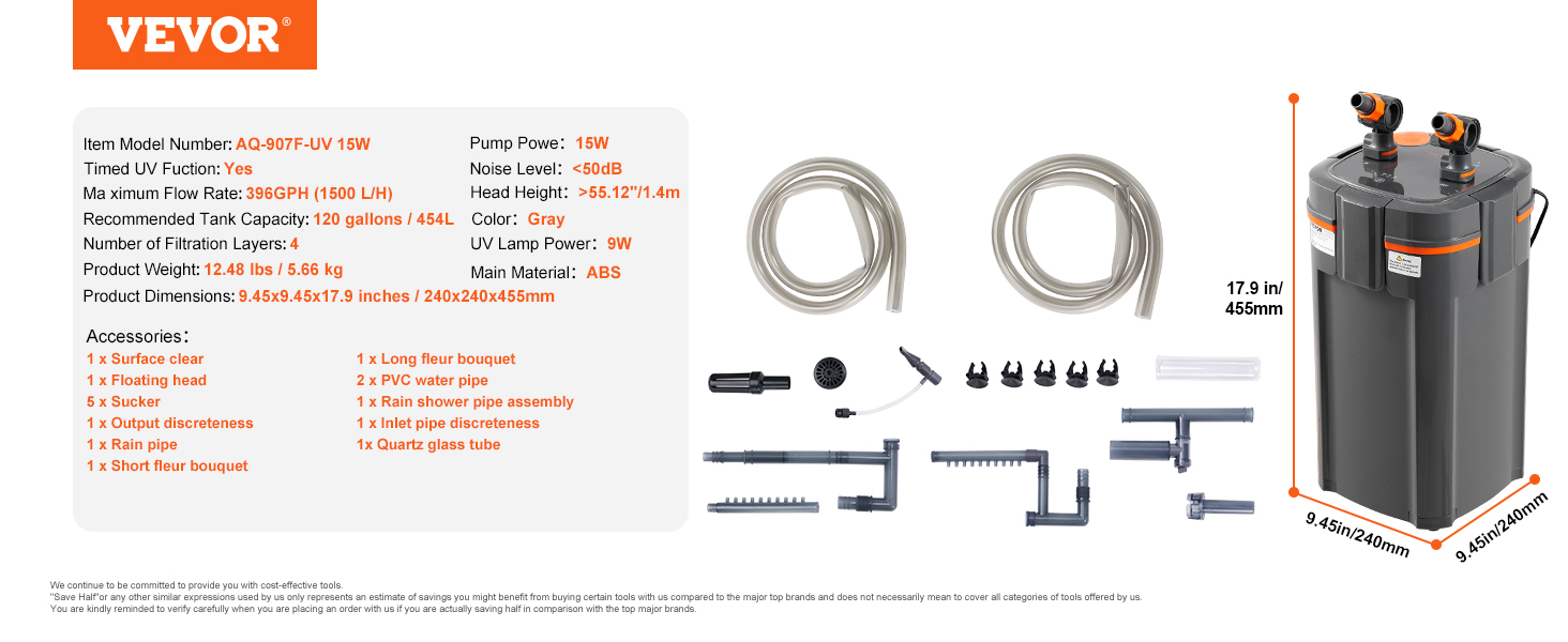 VEVOR aquarium filter aq-907f-uv 15w with accessories and specifications displayed.