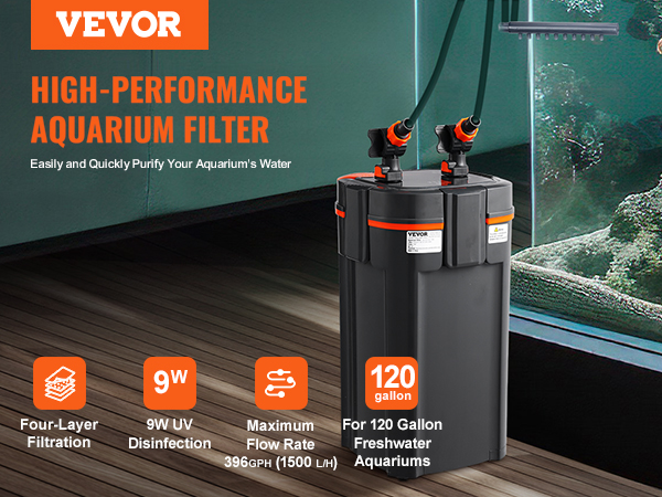 VEVOR aquarium filter, 9w uv, four-layer, 396gph, for 120-gallon freshwater aquariums.