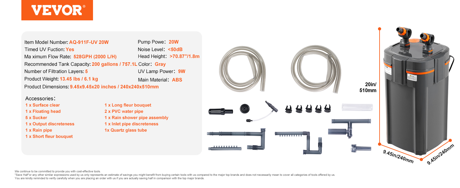 VEVOR aquarium filter 528gph, 20w with 5 filtration layers, 20in x 9.45in x 9.45in, includes accessories.