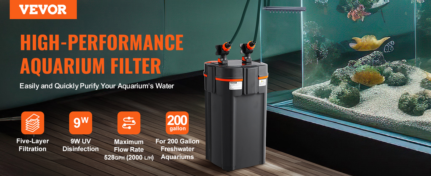 VEVOR aquarium filter 528gph displaying five-layer filtration, 9w uv, for 200-gallon freshwater tanks.
