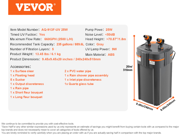 VEVOR aquarium filter aq-913f-uv with 25w pump, 660gph flow rate, and accessories for 235 gallons.