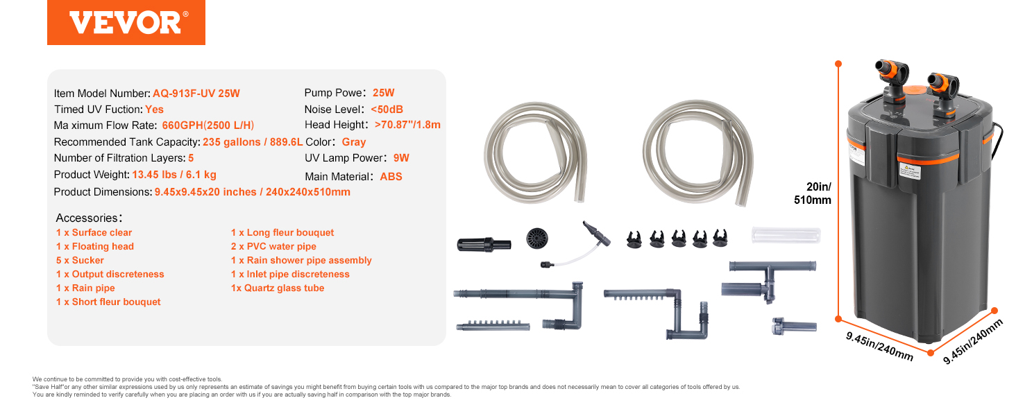 VEVOR aquarium filter aq-913f-uv with 25w pump, 660gph flow rate, and accessories for 235 gallons.