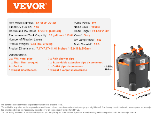 VEVOR aquarium filter sf-650f-uv, 8w, 30 gallons, gray, 172gph, 7.17x7.17x11.61in with accessories.