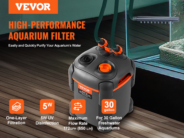 VEVOR aquarium filter showcasing high performance, 5w uv disinfection, 30-gallon capacity, and 172gph flow rate.
