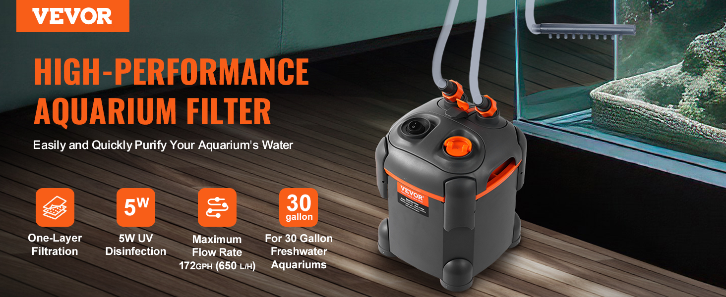 VEVOR aquarium filter showcasing high performance, 5w uv disinfection, 30-gallon capacity, and 172gph flow rate.