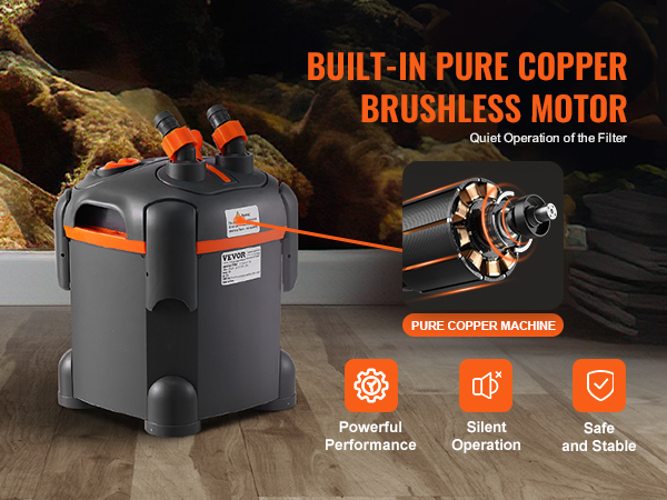 VEVOR aquarium filter with built-in pure copper brushless motor for powerful and silent operation.