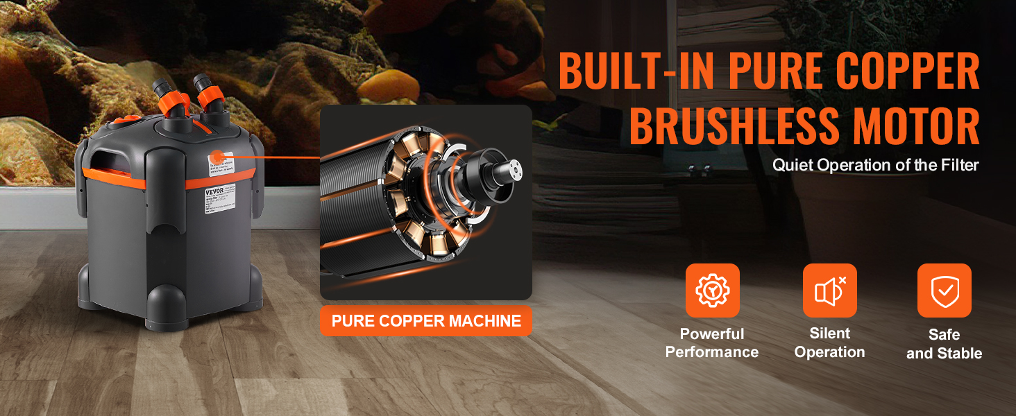 VEVOR aquarium filter with built-in pure copper brushless motor for powerful and silent operation.