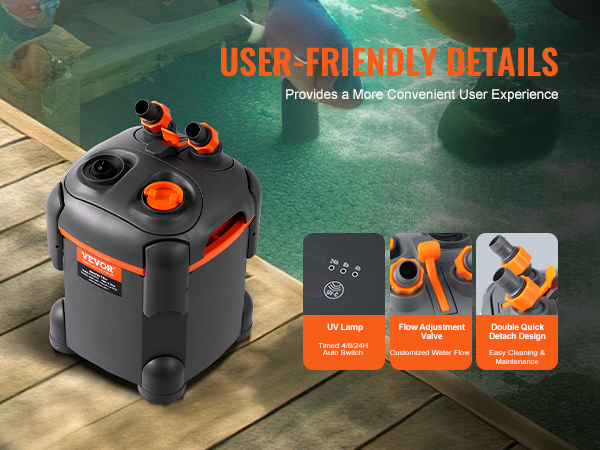 VEVOR aquarium filter with uv lamp, flow adjustment valve, and double quick detach design near fish tank.