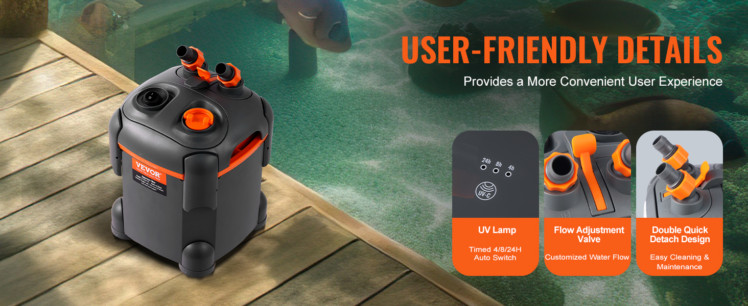 VEVOR aquarium filter with uv lamp, flow adjustment valve, and double quick detach design near fish tank.