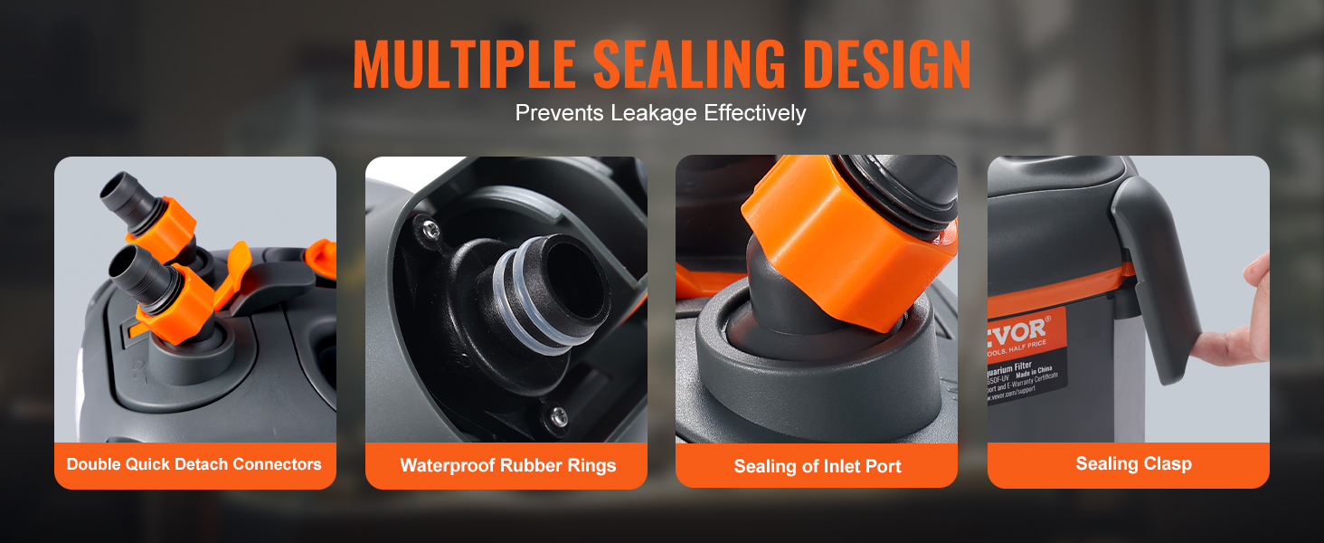 VEVOR aquarium filter showing multiple sealing designs: quick detach connectors, rubber rings, inlet port sealing, and clasp.