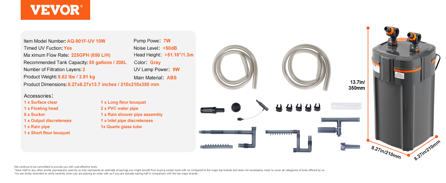 VEVOR aquarium filter with accessories, including pipes, rain shower pipe, and uv light.