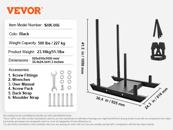 VEVOR weight training sled with shoulder strap, dimensions 36.4x24.3x41.3 in, 500 lbs capacity.