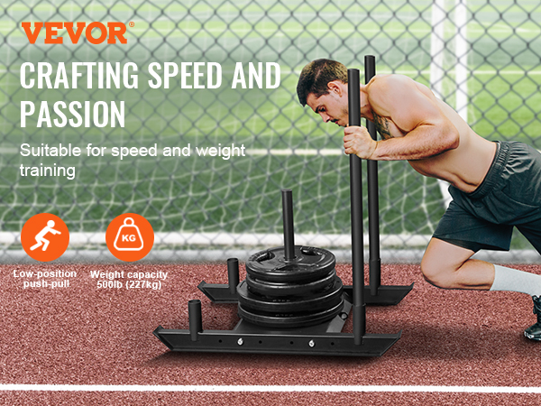 man pushing VEVOR weight training sled on track, suitable for speed and weight training, max 500lb.