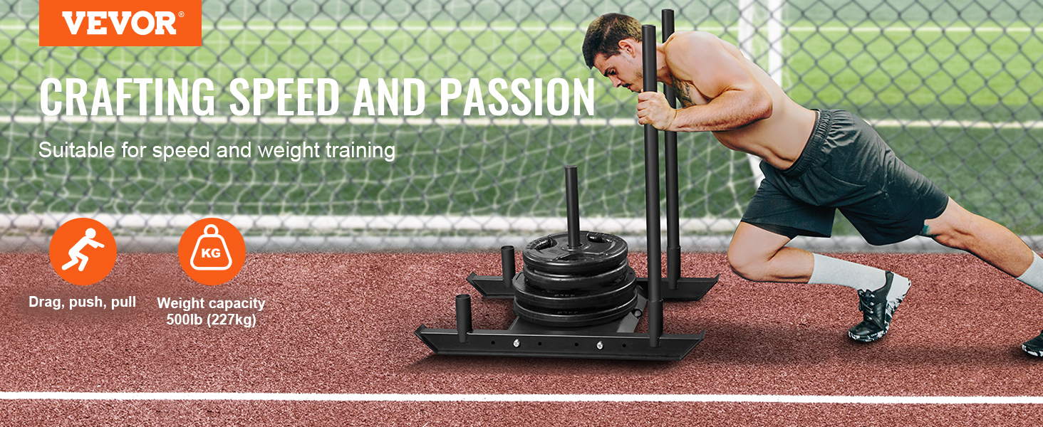 man pushing VEVOR weight training sled on track, suitable for speed and weight training, max 500lb.