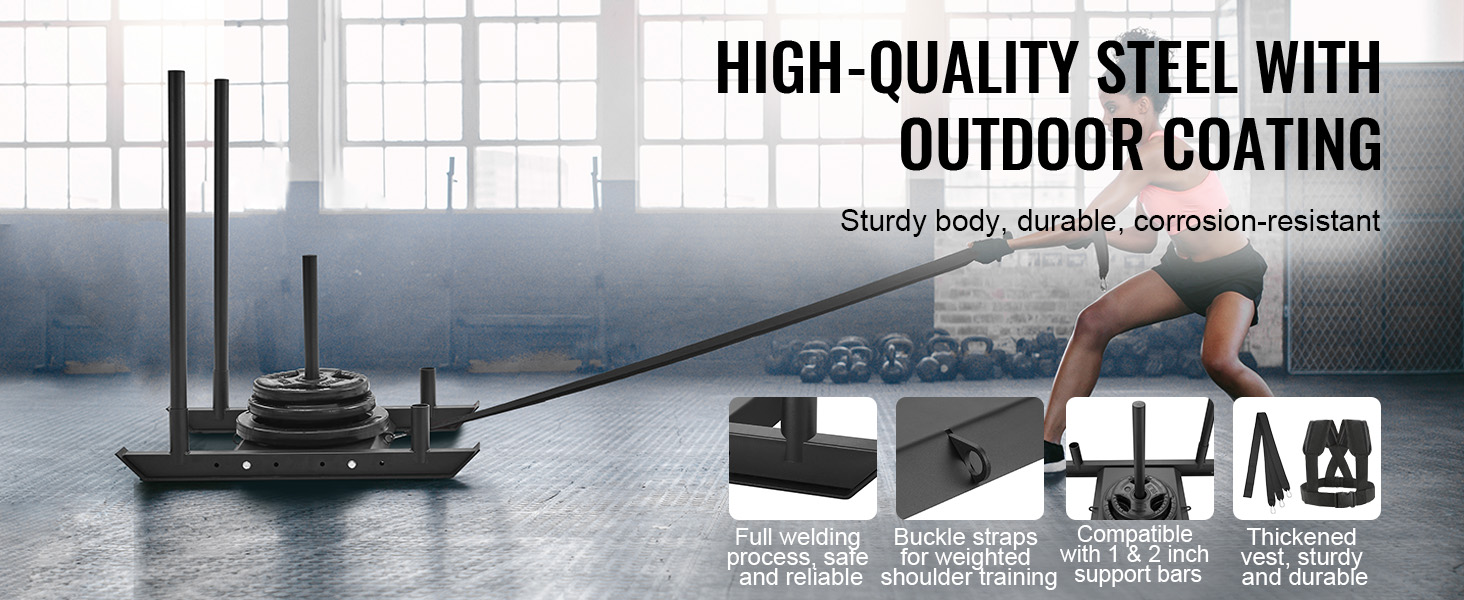 VEVOR weight training sled, high-quality steel, outdoor coating, durable, corrosion-resistant.