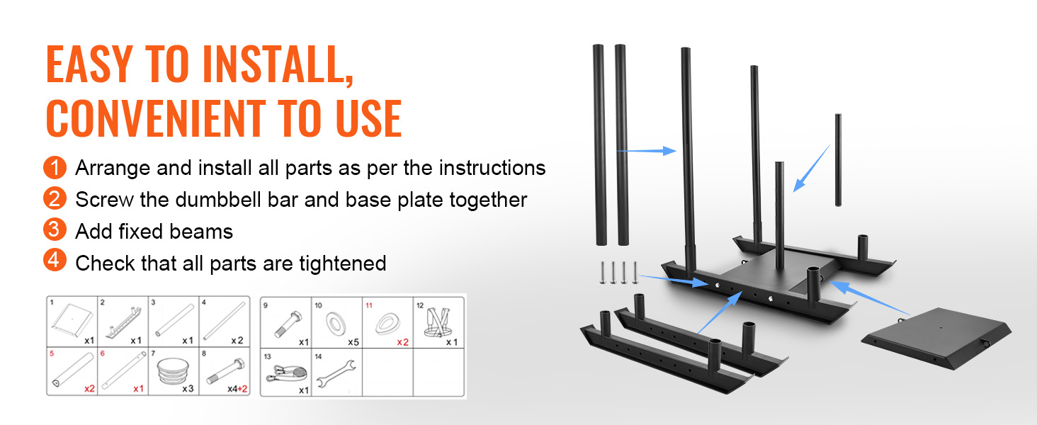 easy assembly instructions for the VEVOR weight training sled with labeled parts and steps.