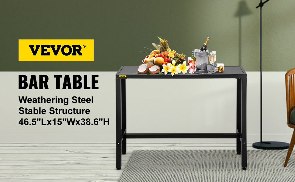 VEVOR outdoor bar table with fruits, champagne, and flowers in a modern room setup.